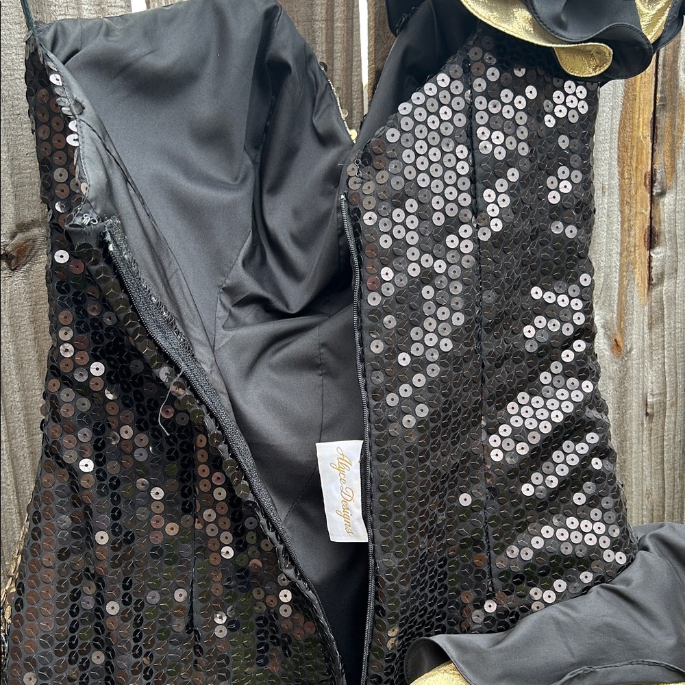 Vintage 1991 Alyce Designs Black and Gold Sequin Prom Dress with Ruffles - Picture 13 of 16